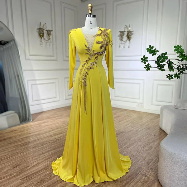 Serene Hill Luxury Dubai Arabic Yellow Mermaid Elegant Tassel Beaded Evening Dresses Gowns For Women Wedding Party 2025 LA72555