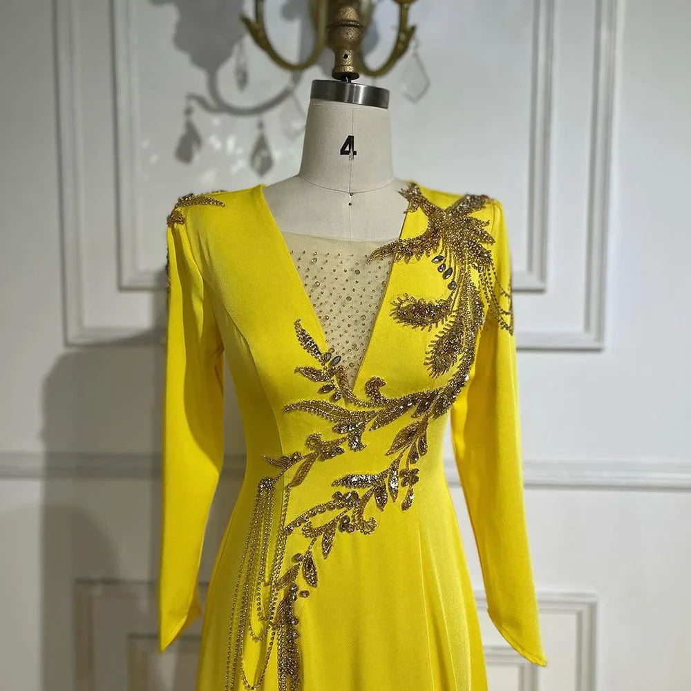 Serene Hill Luxury Dubai Arabic Yellow Mermaid Elegant Tassel Beaded Evening Dresses Gowns For Women Wedding Party 2025 LA72555 - SERENE HILL