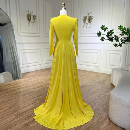 Serene Hill Luxury Dubai Arabic Yellow Mermaid Elegant Tassel Beaded Evening Dresses Gowns For Women Wedding Party 2025 LA72555 - SERENE HILL