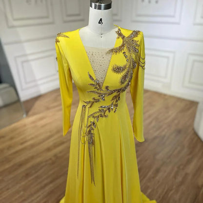 Serene Hill Luxury Dubai Arabic Yellow Mermaid Elegant Tassel Beaded Evening Dresses Gowns For Women Wedding Party 2025 LA72555 - SERENE HILL