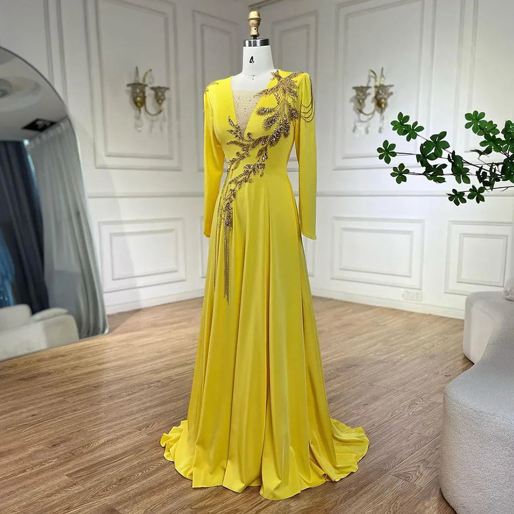 Serene Hill Luxury Dubai Arabic Yellow Mermaid Elegant Tassel Beaded Evening Dresses Gowns For Women Wedding Party 2025 LA72555 Yellow / 12