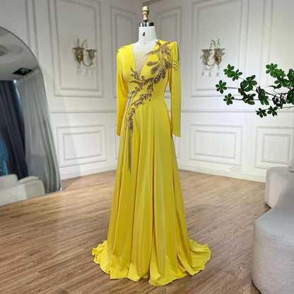 Serene Hill Luxury Dubai Arabic Yellow Mermaid Elegant Tassel Beaded Evening Dresses Gowns For Women Wedding Party 2025 LA72555 - SERENE HILL