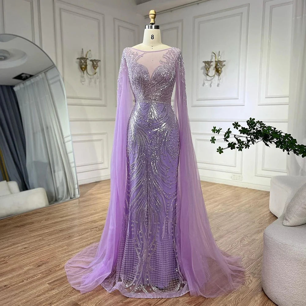 Serene Hill Luxury Dubai Arabic lilac Elegant Cape Sleeves Mermaid Beaded Evening Dresses Gowns For Woman Party 2025 LA72532 - SERENE HILL