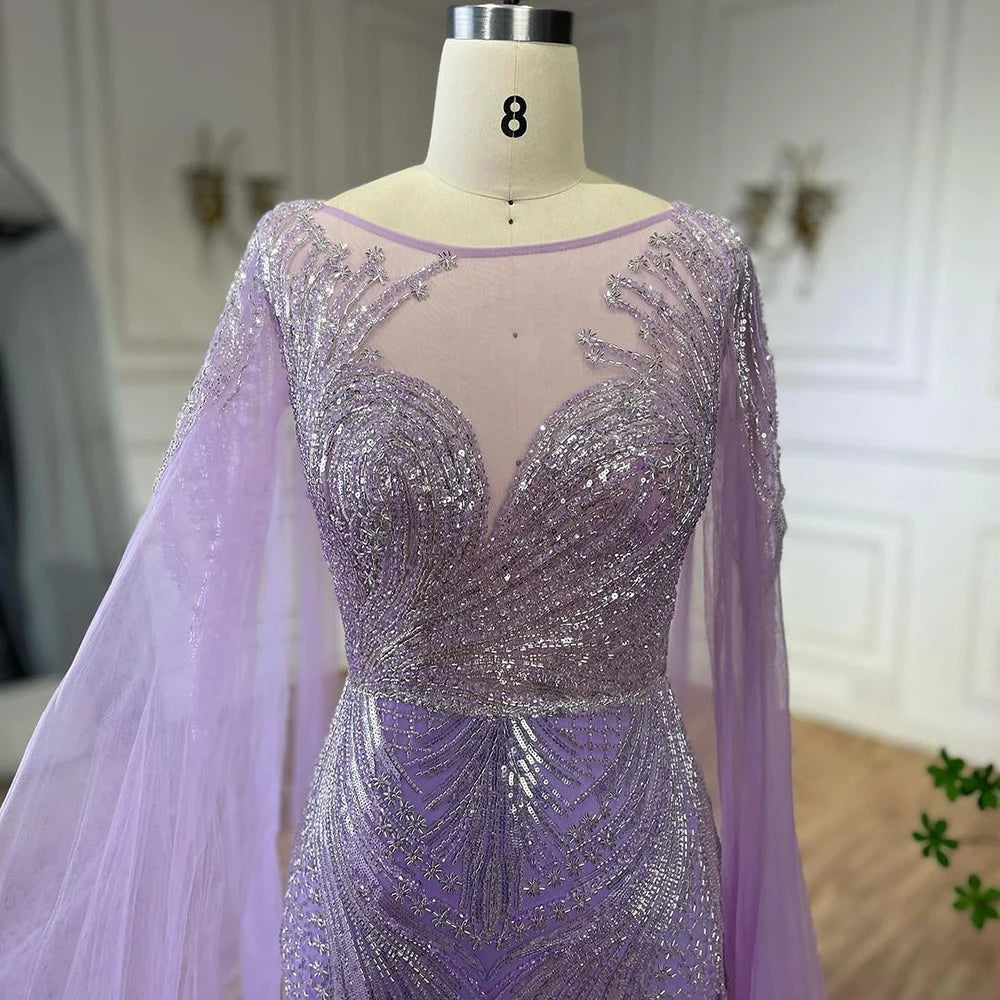 Serene Hill Luxury Dubai Arabic lilac Elegant Cape Sleeves Mermaid Beaded Evening Dresses Gowns For Woman Party 2025 LA72532 - SERENE HILL