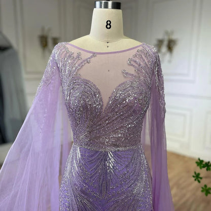 Serene Hill Luxury Dubai Arabic lilac Elegant Cape Sleeves Mermaid Beaded Evening Dresses Gowns For Woman Party 2025 LA72532 - SERENE HILL