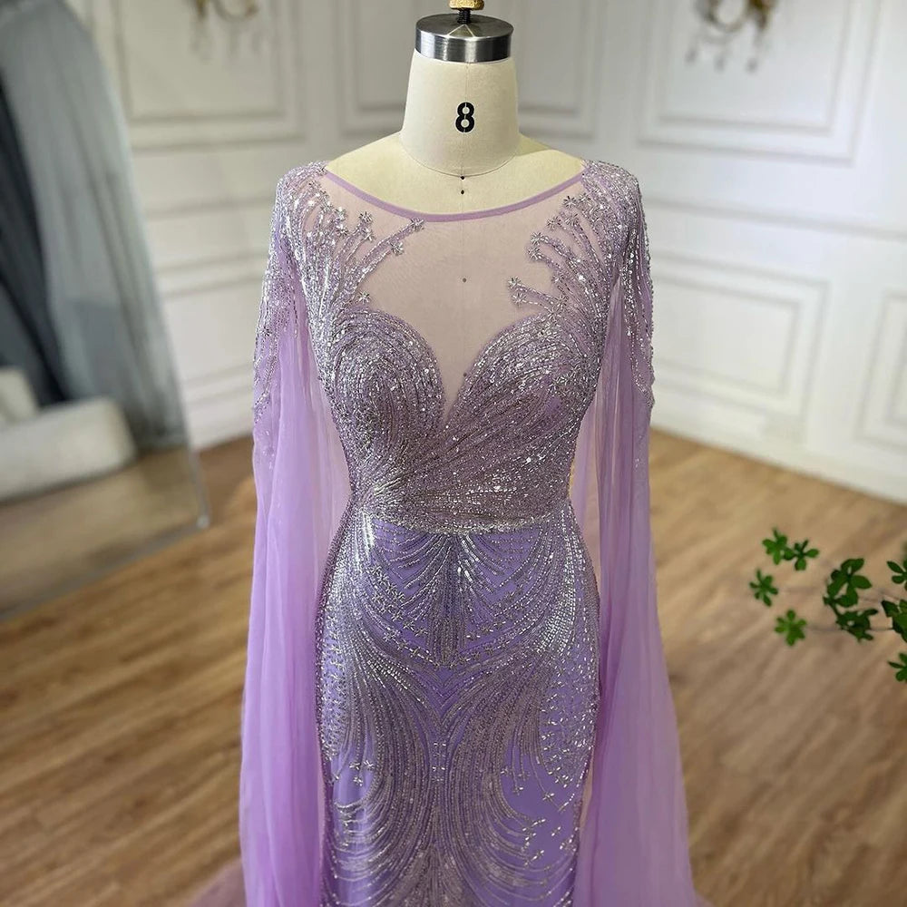 Serene Hill Luxury Dubai Arabic lilac Elegant Cape Sleeves Mermaid Beaded Evening Dresses Gowns For Woman Party 2025 LA72532 - SERENE HILL