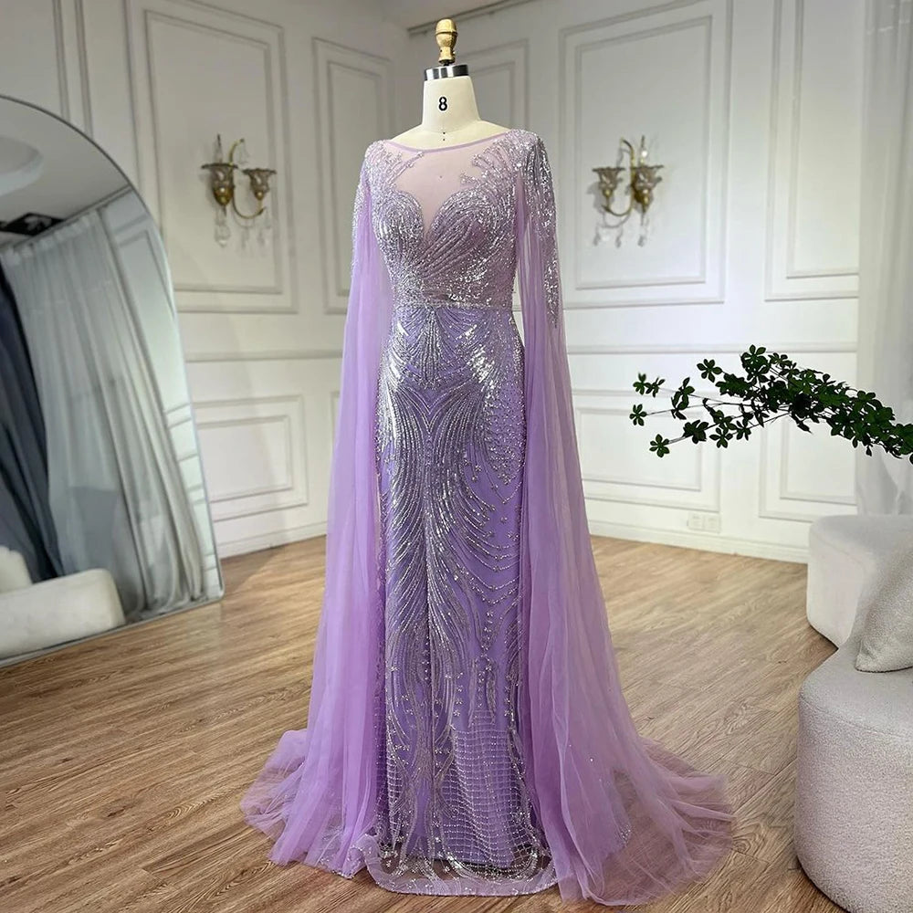 Serene Hill Luxury Dubai Arabic lilac Elegant Cape Sleeves Mermaid Beaded Evening Dresses Gowns For Woman Party 2025 LA72532 - SERENE HILL
