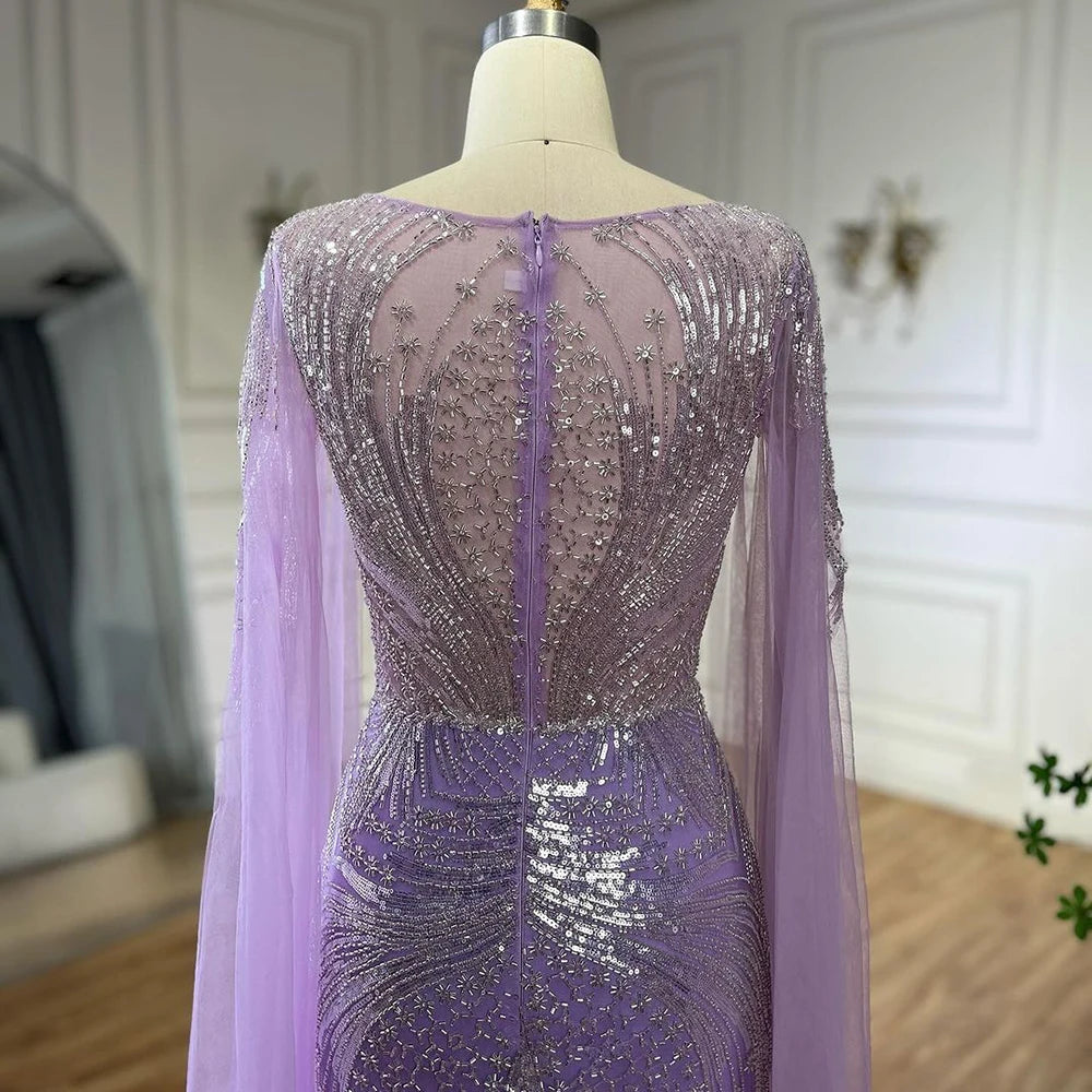 Serene Hill Luxury Dubai Arabic lilac Elegant Cape Sleeves Mermaid Beaded Evening Dresses Gowns For Woman Party 2025 LA72532 - SERENE HILL