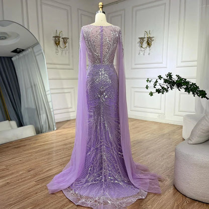 Serene Hill Luxury Dubai Arabic lilac Elegant Cape Sleeves Mermaid Beaded Evening Dresses Gowns For Woman Party 2025 LA72532 - SERENE HILL