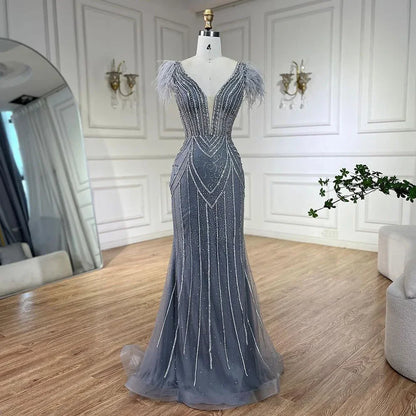 Luxury Dubai Blue Mermaid Evening Dress with Pearls and Feathers LA72578 - SERENE HILL