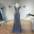Luxury Dubai Blue Mermaid Evening Dress with Pearls and Feathers LA72578 - SERENE HILL