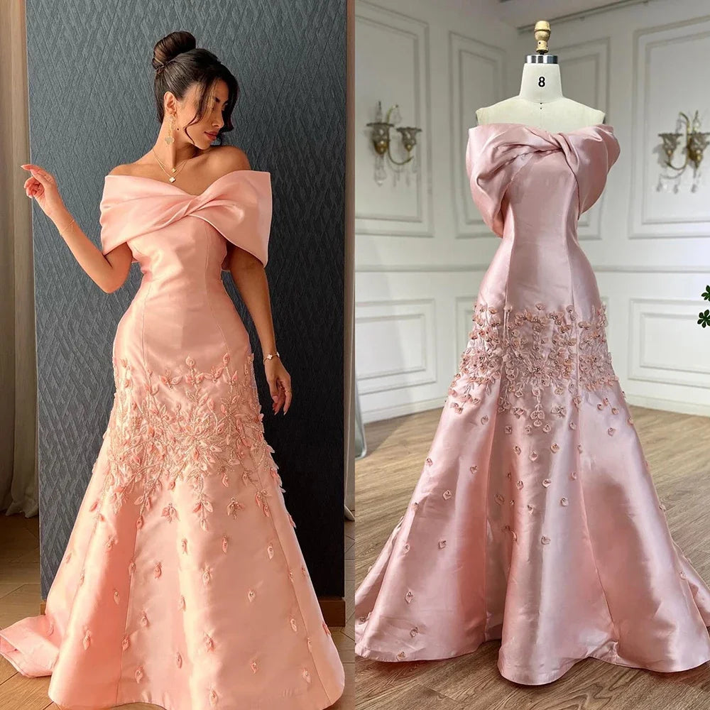 Luxury Peach Satin Mermaid Evening Dress with Appliques LA72483 - SERENE HILL