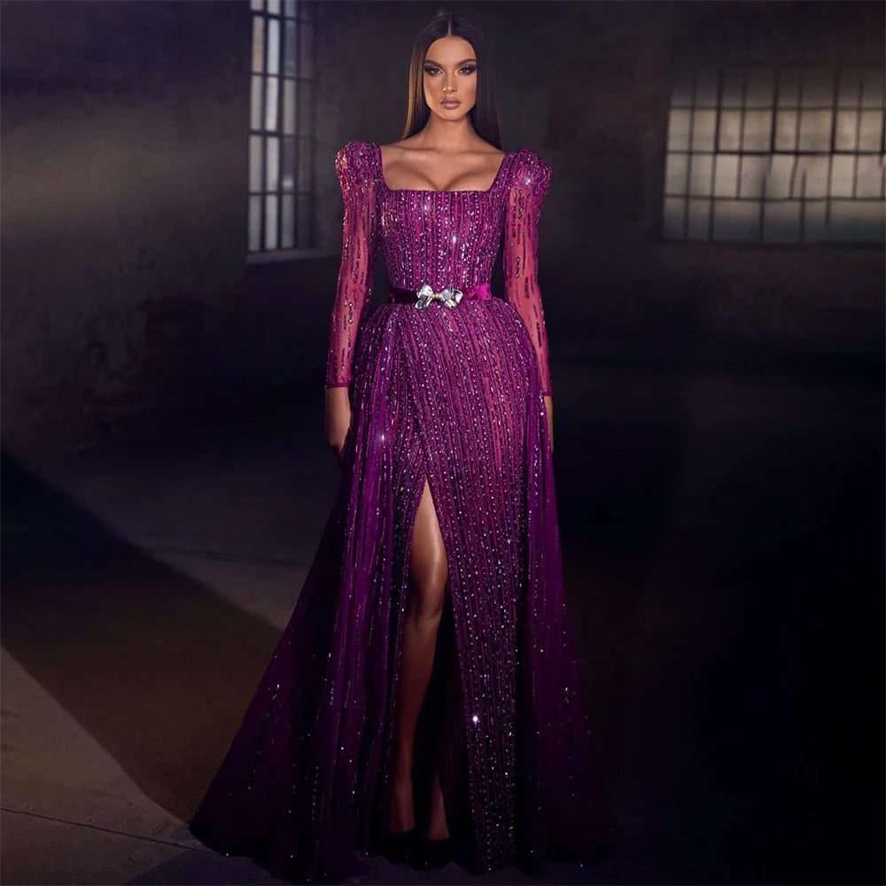 On Sale no return no refundSerene Hill Luxury Dubai Fuchsia Evening Dresses for Women Wedding Long Sleeve Overskirt Arabic Formal Party LA71678 - SERENE HILL