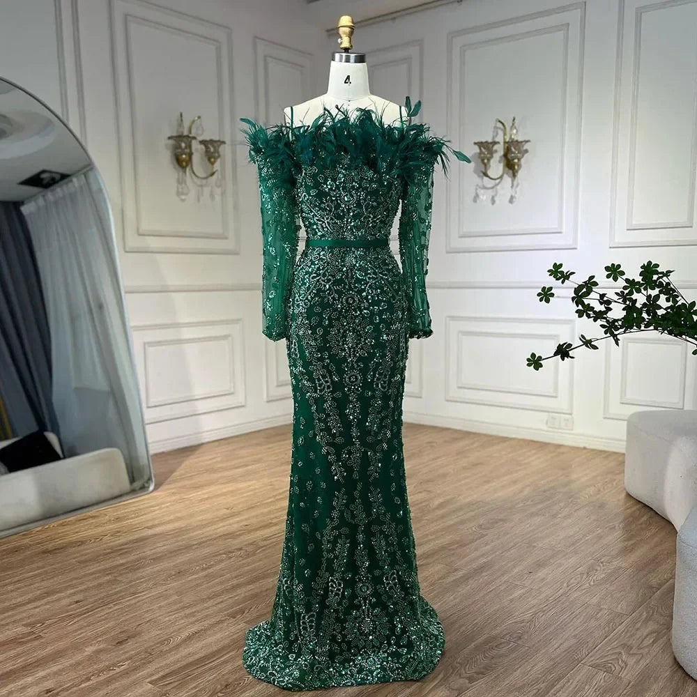 Luxury Dubai Green Long Sleeves Feathers Beaded Evening Dress LA72553 - SERENE HILL