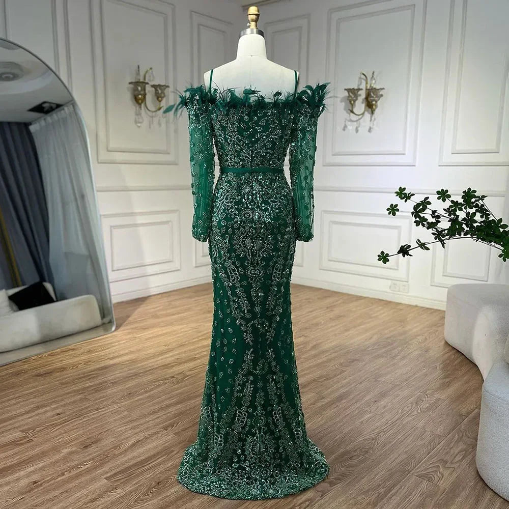 Luxury Dubai Green Long Sleeves Feathers Beaded Evening Dress LA72553 - SERENE HILL