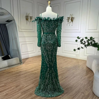 Luxury Dubai Green Long Sleeves Feathers Beaded Evening Dress LA72553 - SERENE HILL