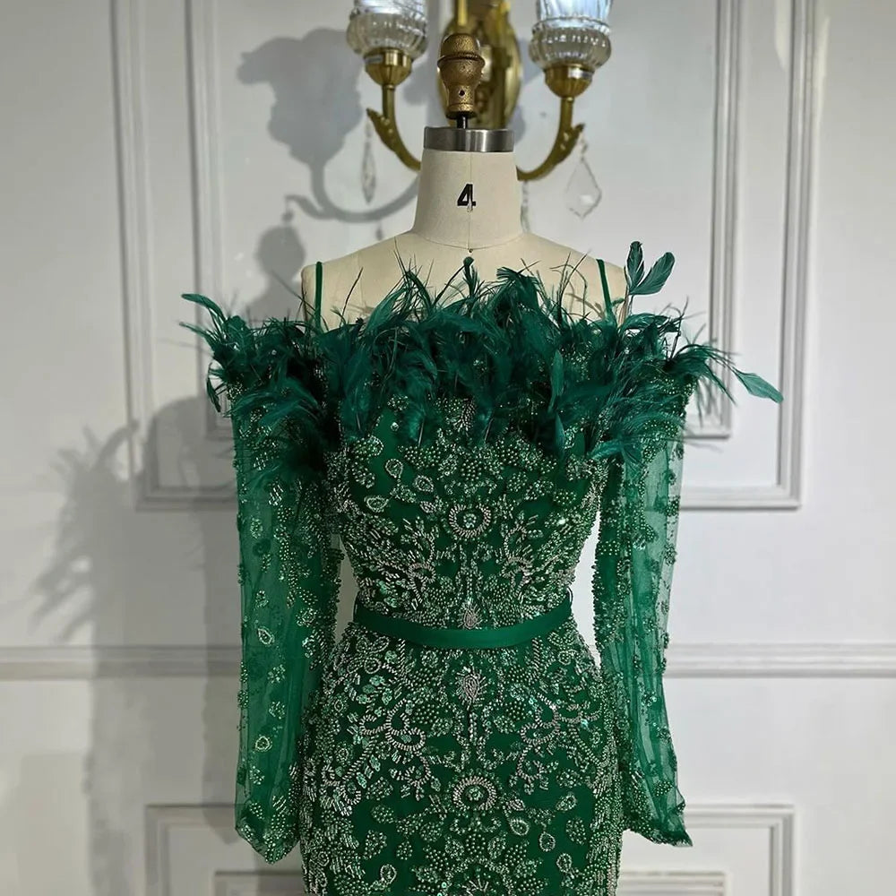 Luxury Dubai Green Long Sleeves Feathers Beaded Evening Dress LA72553 - SERENE HILL
