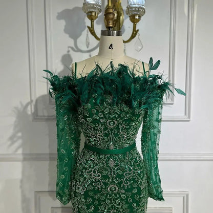 Luxury Dubai Green Long Sleeves Feathers Beaded Evening Dress LA72553 - SERENE HILL