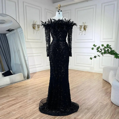 Luxury Dubai Green Long Sleeves Feathers Beaded Evening Dress LA72553 - SERENE HILL