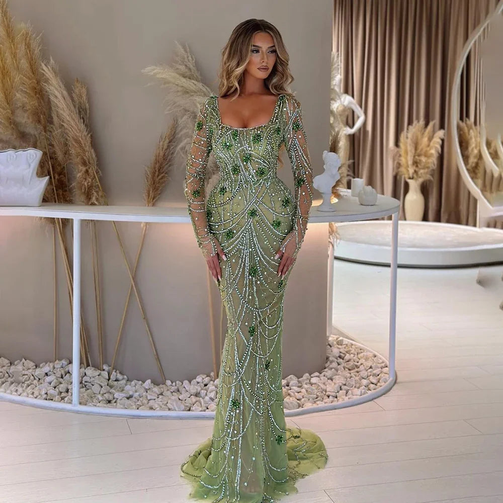 Luxury Dubai Green Mermaid Evening Dress Long Sleeves LA72242 - SERENE HILL