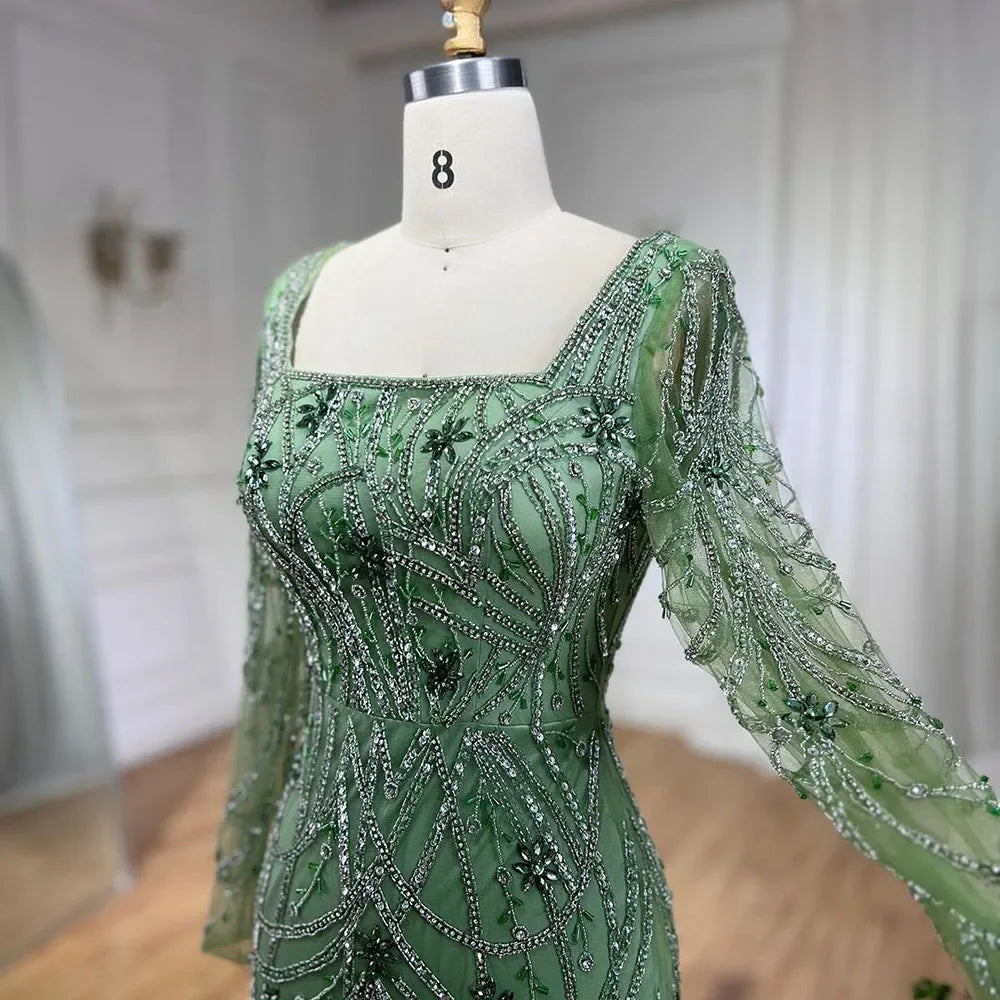 Luxury Dubai Green Mermaid Evening Dress Long Sleeves LA72242 - SERENE HILL