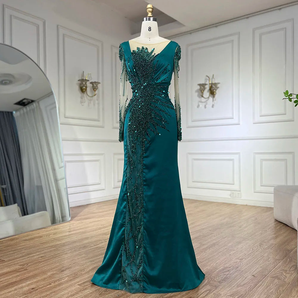 Serene Hill Luxury Dubai Green Mermaid Lace Beaded Satin Evening Dresses Formal Gowns 2025 For Woman Wedding Party LA72202A - SERENE HILL