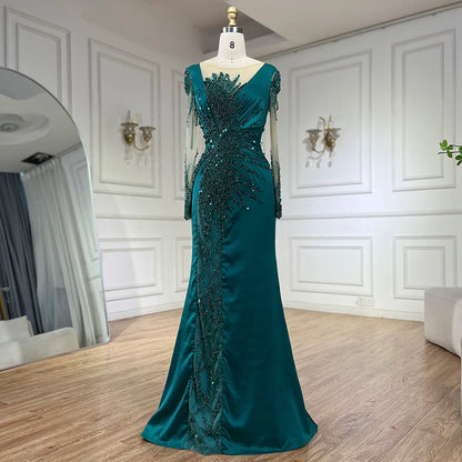 Serene Hill Luxury Dubai Green Mermaid Lace Beaded Satin Evening Dresses Formal Gowns 2025 For Woman Wedding Party LA72202A - SERENE HILL