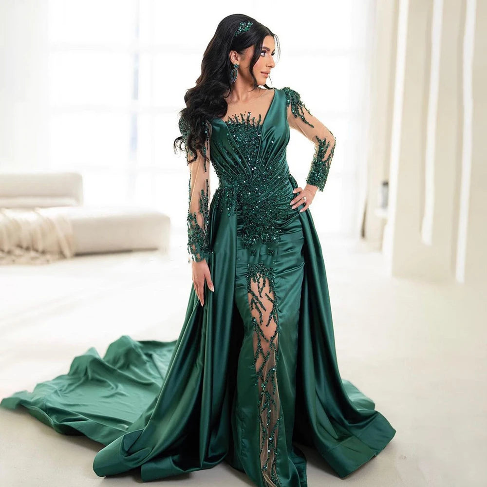 Serene Hill Luxury Dubai Green Mermaid Lace Beaded Satin Evening Dresses Formal Gowns 2025 For Woman Wedding Party LA72202A - SERENE HILL