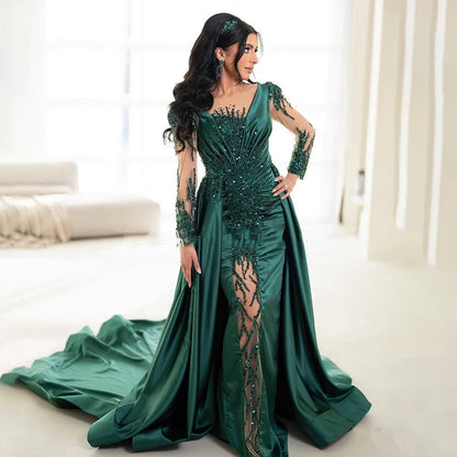 Serene Hill Luxury Dubai Green Mermaid Lace Beaded Satin Evening Dresses Formal Gowns 2025 For Woman Wedding Party LA72202A - SERENE HILL