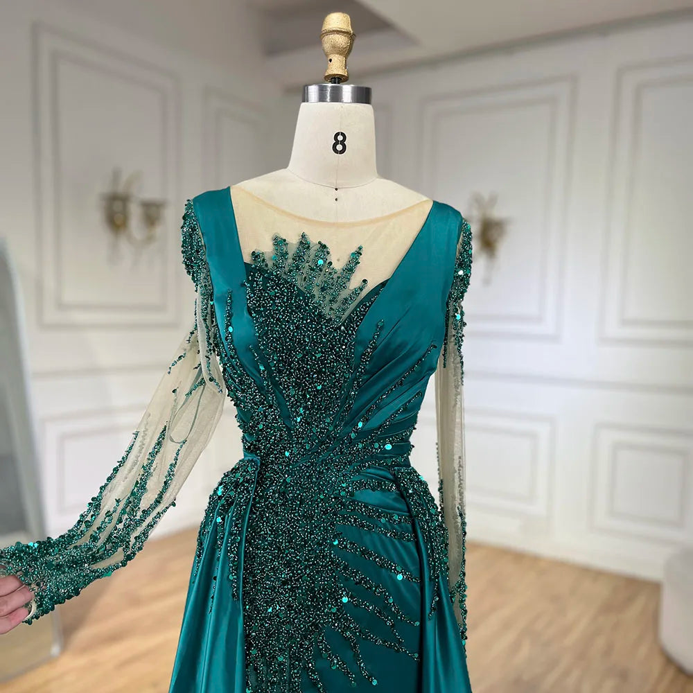 Serene Hill Luxury Dubai Green Mermaid Lace Beaded Satin Evening Dresses Formal Gowns 2025 For Woman Wedding Party LA72202A - SERENE HILL