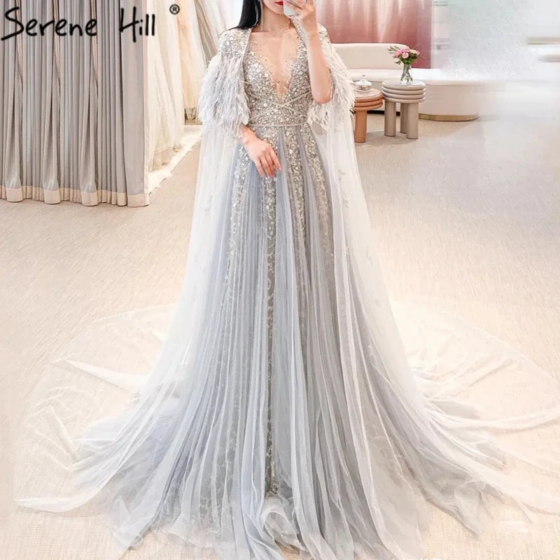 Serene Hill Luxury Dubai Grey Evening Formal Dresses with Feather Cape Shawl Gold Arabic Women Wedding Party Gowns Long LA70640 - SERENE HILL