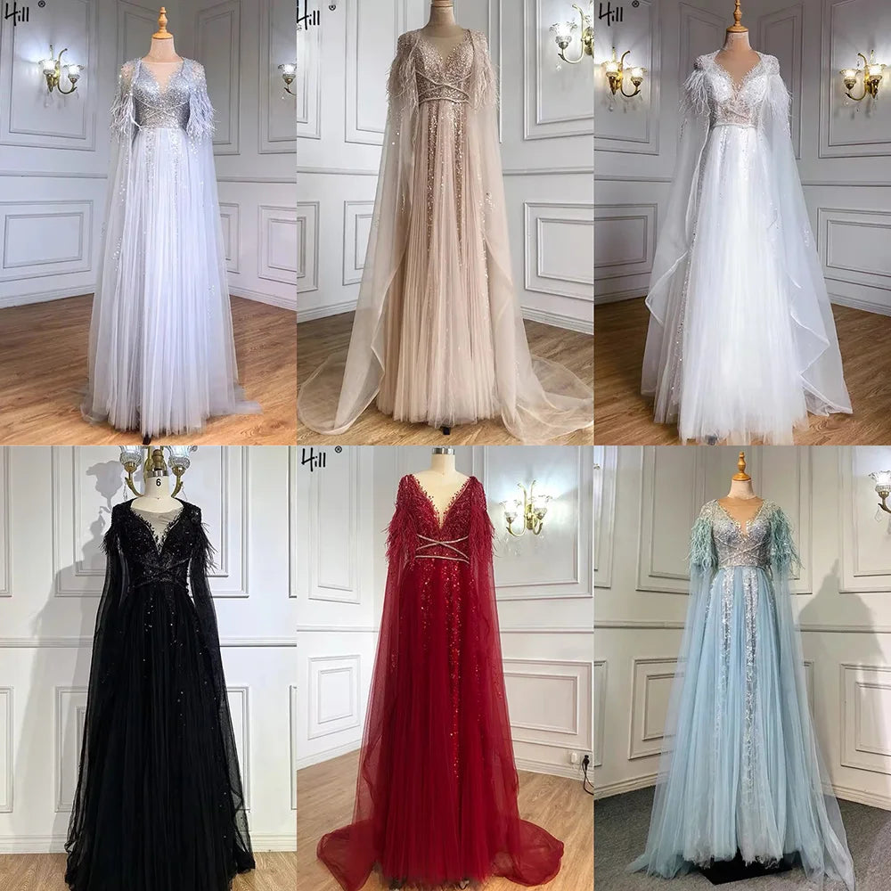 Serene Hill Luxury Dubai Grey Evening Formal Dresses with Feather Cape Shawl Gold Arabic Women Wedding Party Gowns Long LA70640 - SERENE HILL