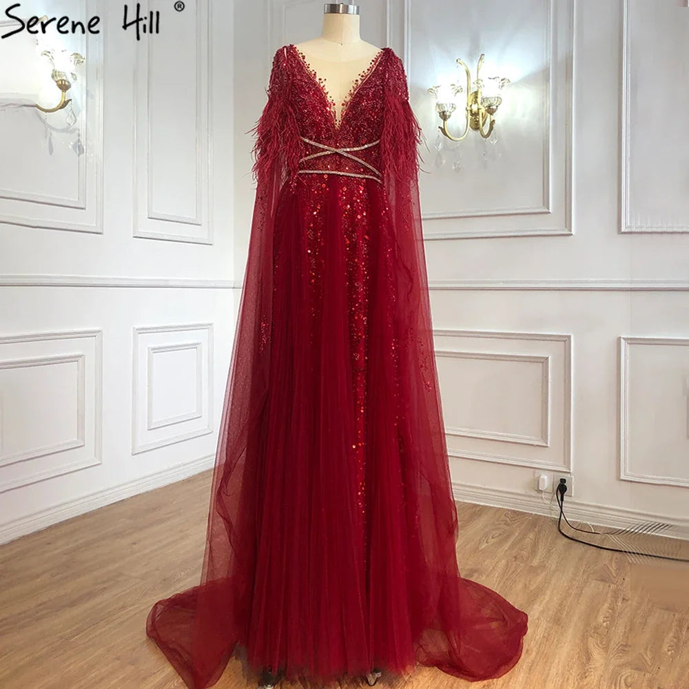 Serene Hill Luxury Dubai Grey Evening Formal Dresses with Feather Cape Shawl Gold Arabic Women Wedding Party Gowns Long LA70640 - SERENE HILL
