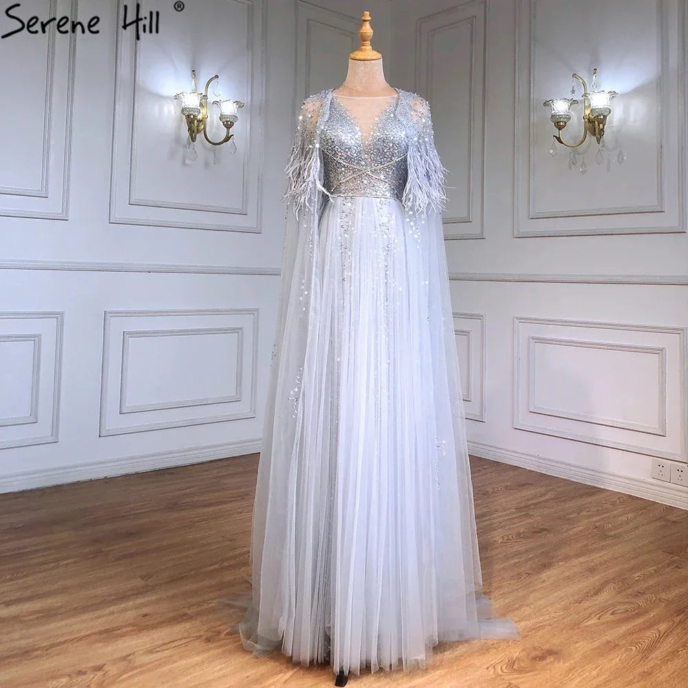 Serene Hill Luxury Dubai Grey Evening Formal Dresses with Feather Cape Shawl Gold Arabic Women Wedding Party Gowns Long LA70640 - SERENE HILL