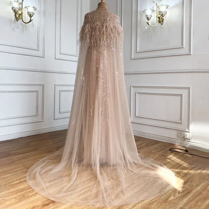 Serene Hill Luxury Dubai Grey Evening Formal Dresses with Feather Cape Shawl Gold Arabic Women Wedding Party Gowns Long LA70640 - SERENE HILL