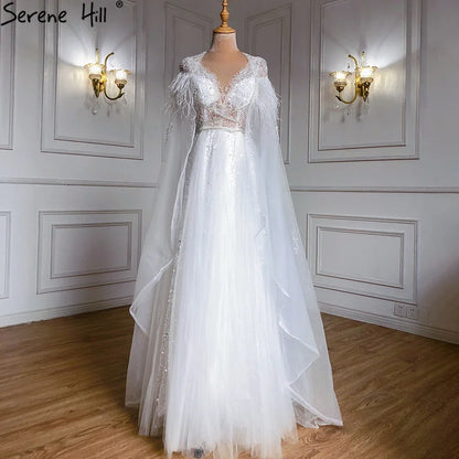 Serene Hill Luxury Dubai Grey Evening Formal Dresses with Feather Cape Shawl Gold Arabic Women Wedding Party Gowns Long LA70640 - SERENE HILL