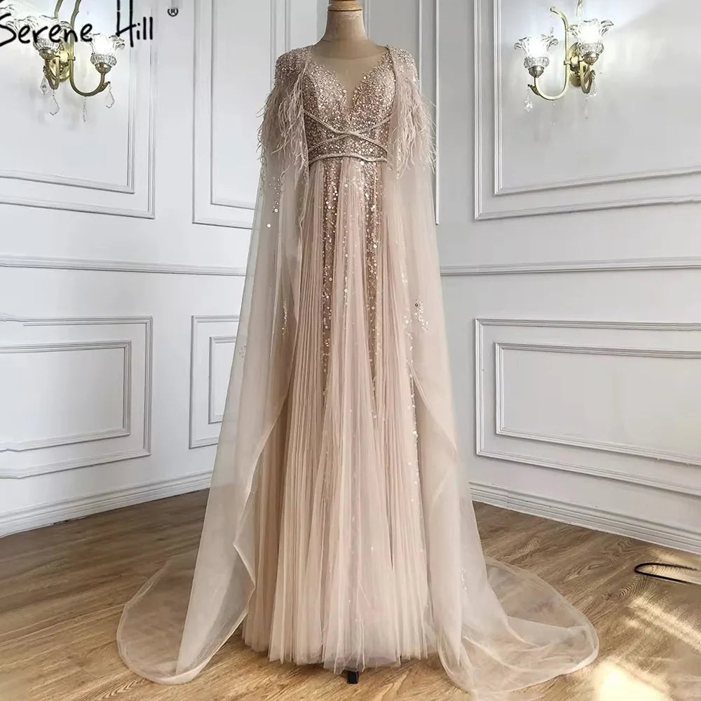 Serene Hill Luxury Dubai Grey Evening Formal Dresses with Feather Cap SERENE HILL Serene Hill Luxury Dubai Grey Evening Formal Dresses with Feather Cap SERENE HILL