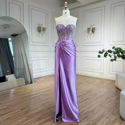 Serene Hill Luxury Dubai Lilac Split Mermaid Beaded Arabic Evening Dresses Gowns for Women Wedding Party 2025 LA72329 - SERENE HILL