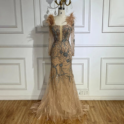 Serene Hill Luxury Dubai Nude One Shoulder Beaded Feathers Mermaid Evening Dresses Gowns for Women Wedding Party Gown LA72508 - SERENE HILL