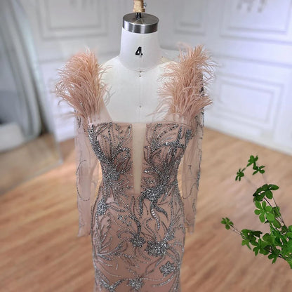 Serene Hill Luxury Dubai Nude One Shoulder Beaded Feathers Mermaid Evening Dresses Gowns for Women Wedding Party Gown LA72508 - SERENE HILL