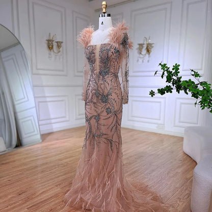Serene Hill Luxury Dubai Nude One Shoulder Beaded Feathers Mermaid Evening Dresses Gowns for Women Wedding Party Gown LA72508 - SERENE HILL