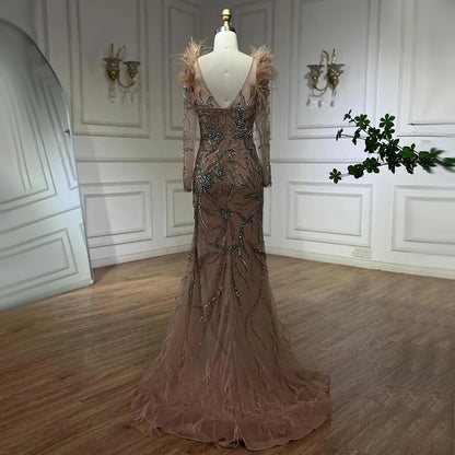 Serene Hill Luxury Dubai Nude One Shoulder Beaded Feathers Mermaid Evening Dresses Gowns for Women Wedding Party Gown LA72508 - SERENE HILL