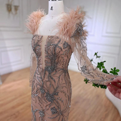 Serene Hill Luxury Dubai Nude One Shoulder Beaded Feathers Mermaid Evening Dresses Gowns for Women Wedding Party Gown LA72508 - SERENE HILL