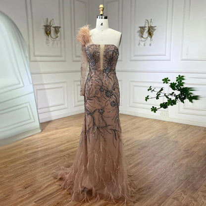 Serene Hill Luxury Dubai Nude One Shoulder Beaded Feathers Mermaid Evening Dresses Gowns for Women Wedding Party Gown LA72508 - SERENE HILL