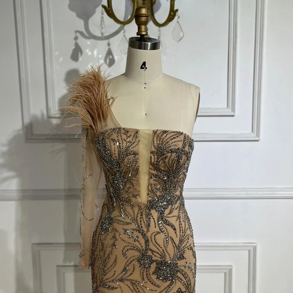 Serene Hill Luxury Dubai Nude One Shoulder Beaded Feathers Mermaid Evening Dresses Gowns for Women Wedding Party Gown LA72508 - SERENE HILL
