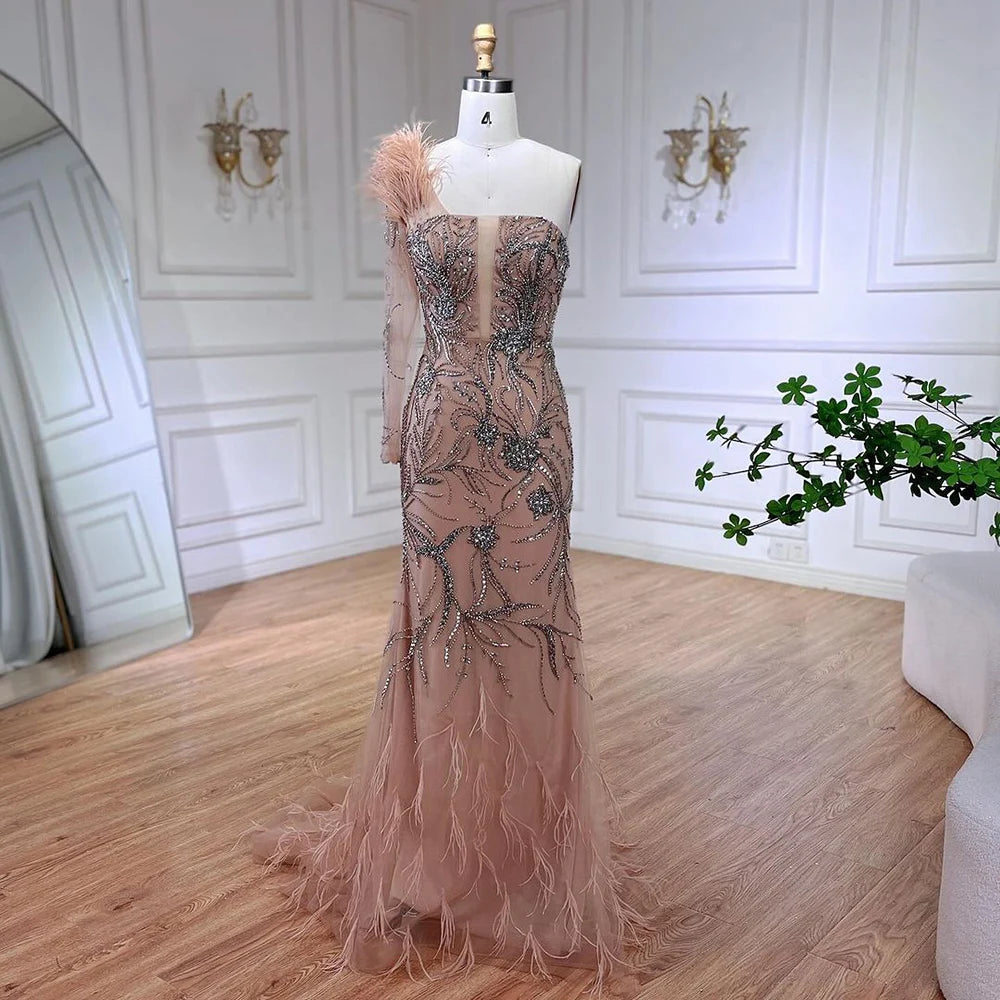 Serene Hill Luxury Dubai Nude One Shoulder Beaded Feathers Mermaid Evening Dresses Gowns for Women Wedding Party Gown LA72508 - SERENE HILL
