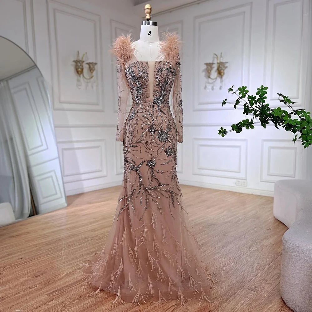 Serene Hill Luxury Dubai Nude One Shoulder Beaded Feathers Mermaid Evening Dresses Gowns for Women Wedding Party Gown LA72508 - SERENE HILL
