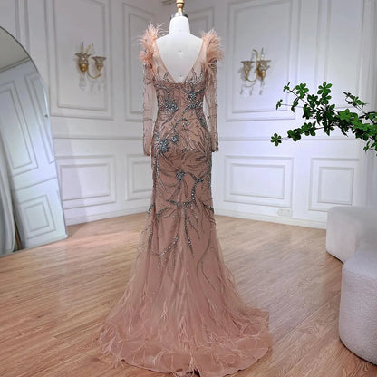Serene Hill Luxury Dubai Nude One Shoulder Beaded Feathers Mermaid Evening Dresses Gowns for Women Wedding Party Gown LA72508 - SERENE HILL