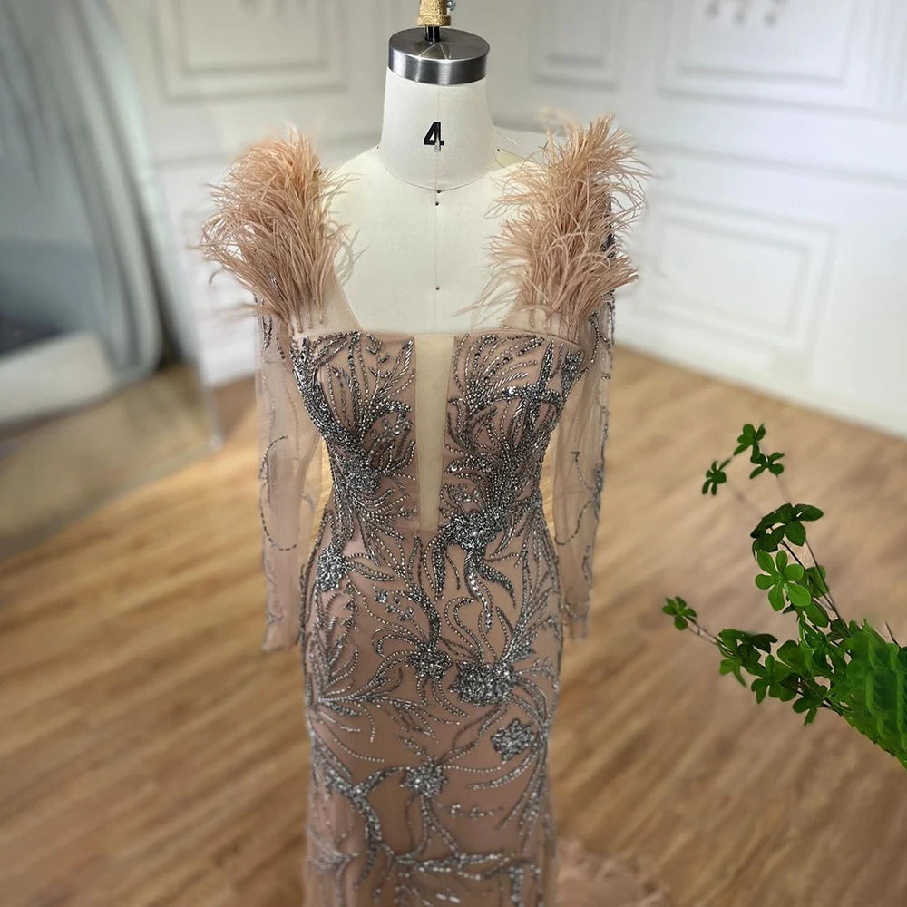 Serene Hill Luxury Dubai Nude One Shoulder Beaded Feathers Mermaid Evening Dresses Gowns for Women Wedding Party Gown LA72508 - SERENE HILL