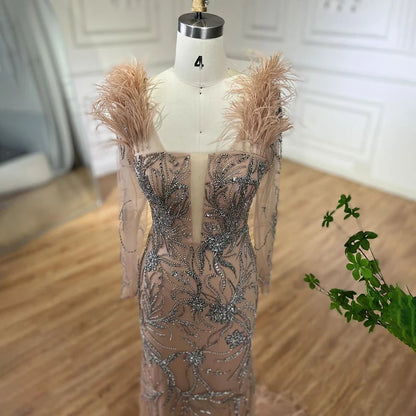 Serene Hill Luxury Dubai Nude One Shoulder Beaded Feathers Mermaid Evening Dresses Gowns for Women Wedding Party Gown LA72508 - SERENE HILL